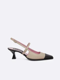 Carel Pompen>Beige En Zwarte Lederen Slingback Pumps