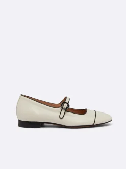Carel Ballerina'S>Beige Lederen Zwarte Biezen Mary Janes