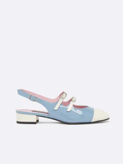 Carel Slingbacks>Blauw En Ivoor Upcycled Lakleer Slingback Mary Janes