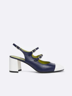 Carel Maria Janes>Blauw Leer En Wit Lakleer Slingback Mary Janes