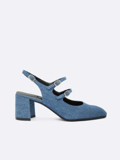 Carel Maria Janes>Blauwe Upcycled Denim Stof Slingback Mary Janes