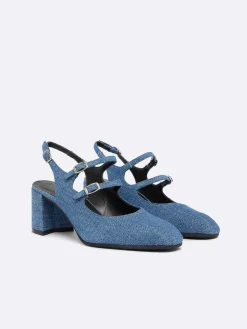 Carel Maria Janes>Blauwe Upcycled Denim Stof Slingback Mary Janes