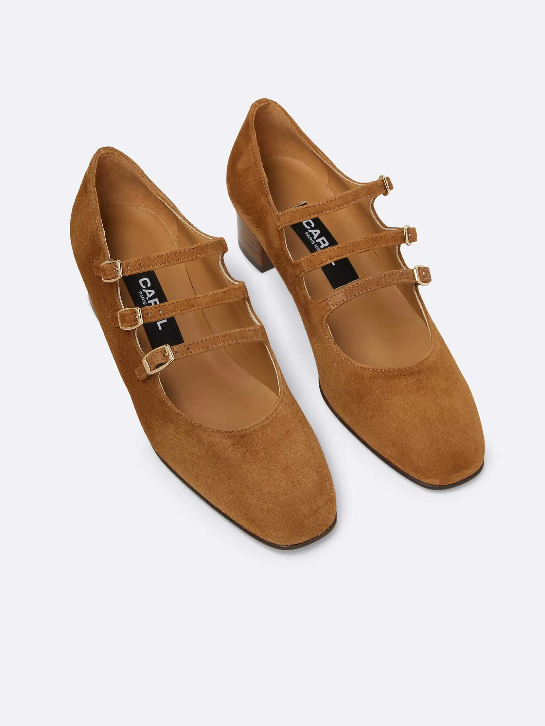 Carel Maria Janes>Camel Upcycled Suede Mary Janes Pumps