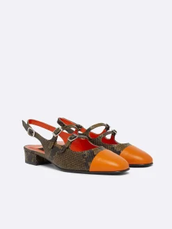Carel Slingbacks>Groen Gerecycled Leer Met Pythonprint En Oranje Leren Mary Janes Met Slingback
