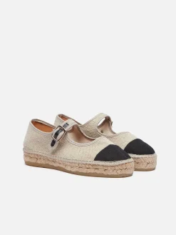 Carel Espadrilles>Natuurlijk En Zwart Linnen Mary Janes Espadrilles