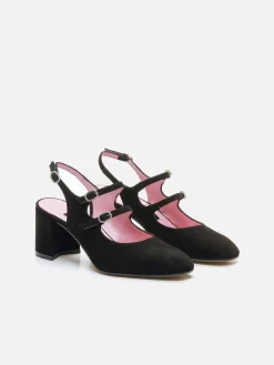 Carel Slingbacks>Zwart Suede Leer En Strass-Gespen Slingback Mary Janes
