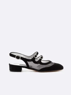 Carel Slingbacks>Zwart Suede Mesh En Strass Gespen Mary Janes