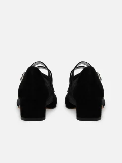 Carel Maria Janes>Zwart Suede Mesh En Strass Gespen Mary Janes Pumps