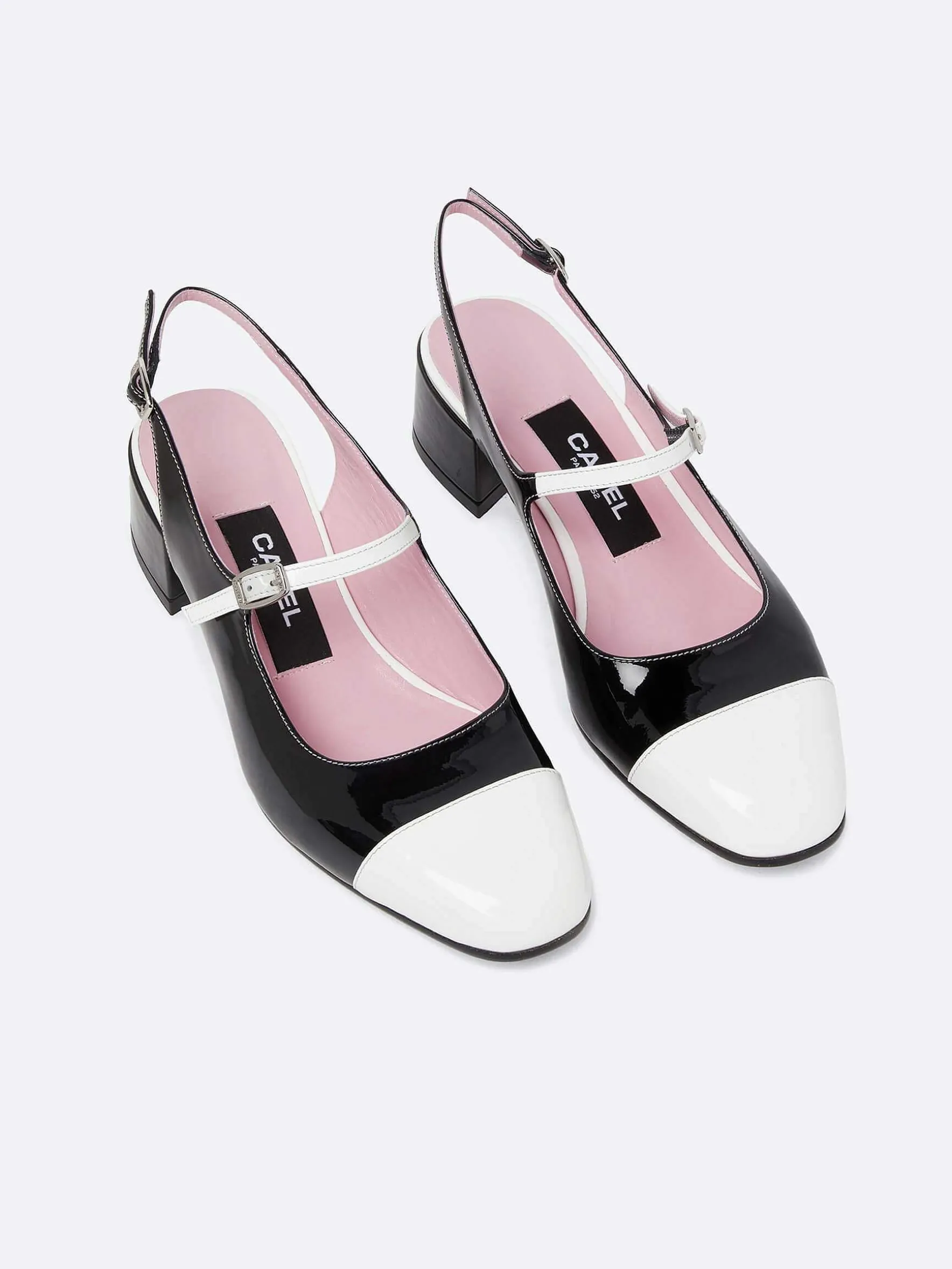 Carel Maria Janes>Zwart-Wit Lakleer Slingback Mary Janes